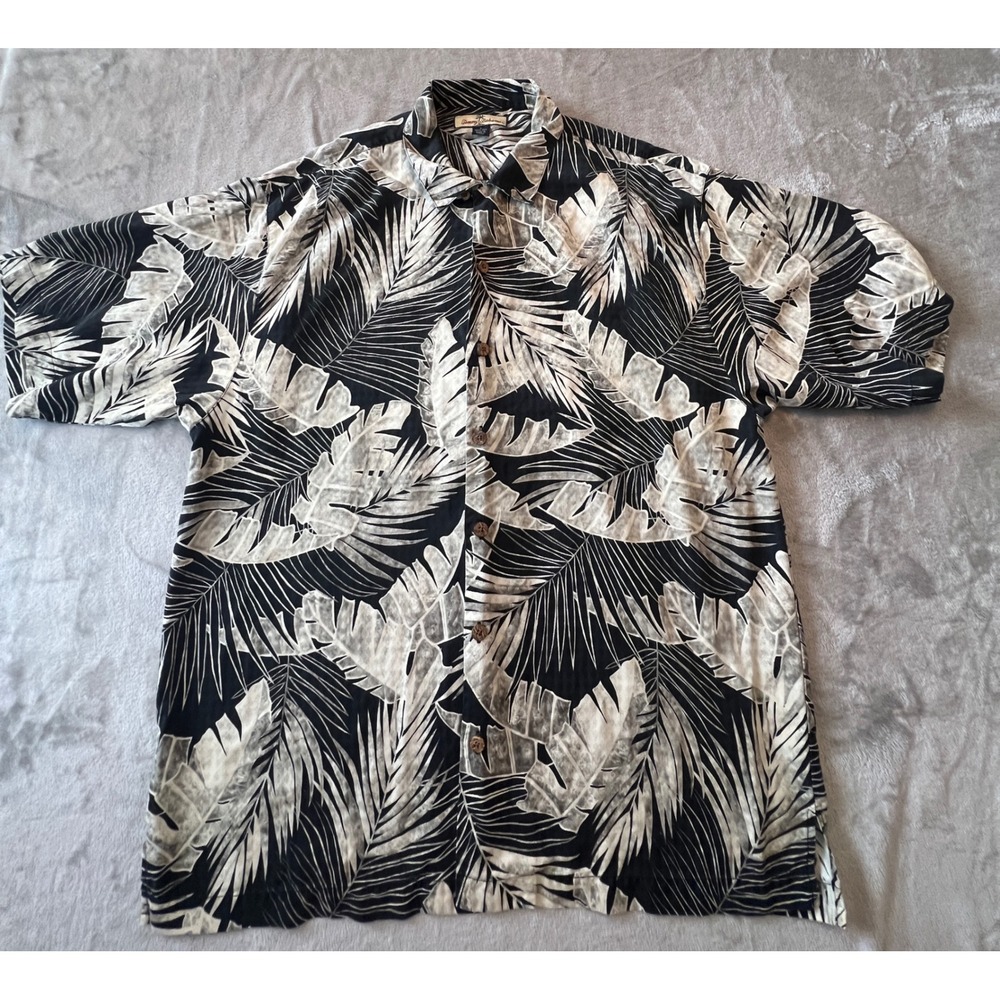 Tommy Bahama Button Up Shirt Mens Large Black Silk Palm Leaf Tropical Print